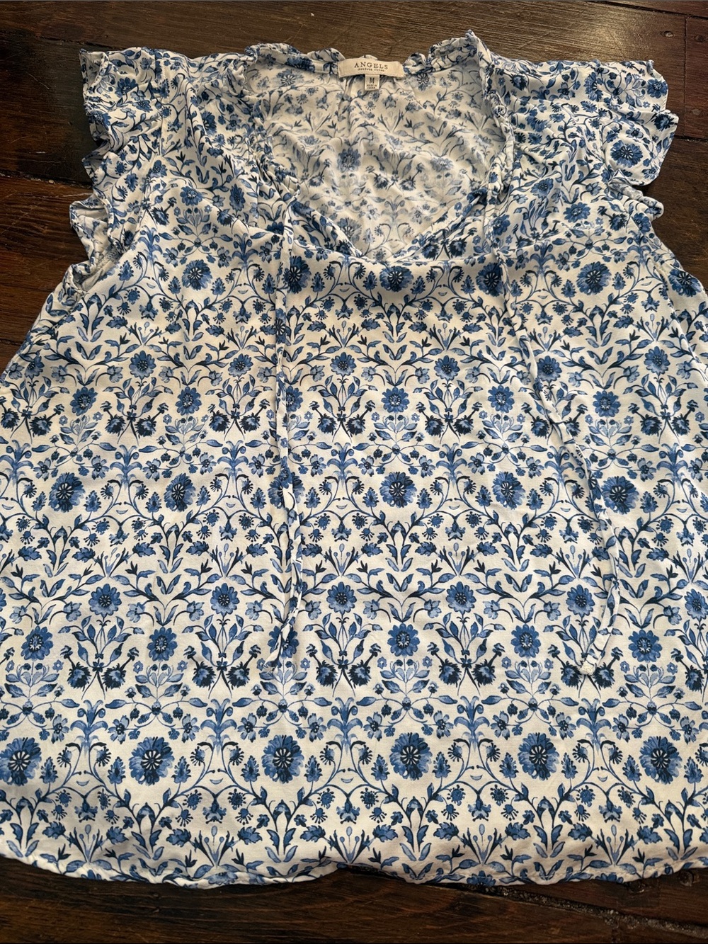Angels White and Blue Floral Ruffle V-Neck Blouse